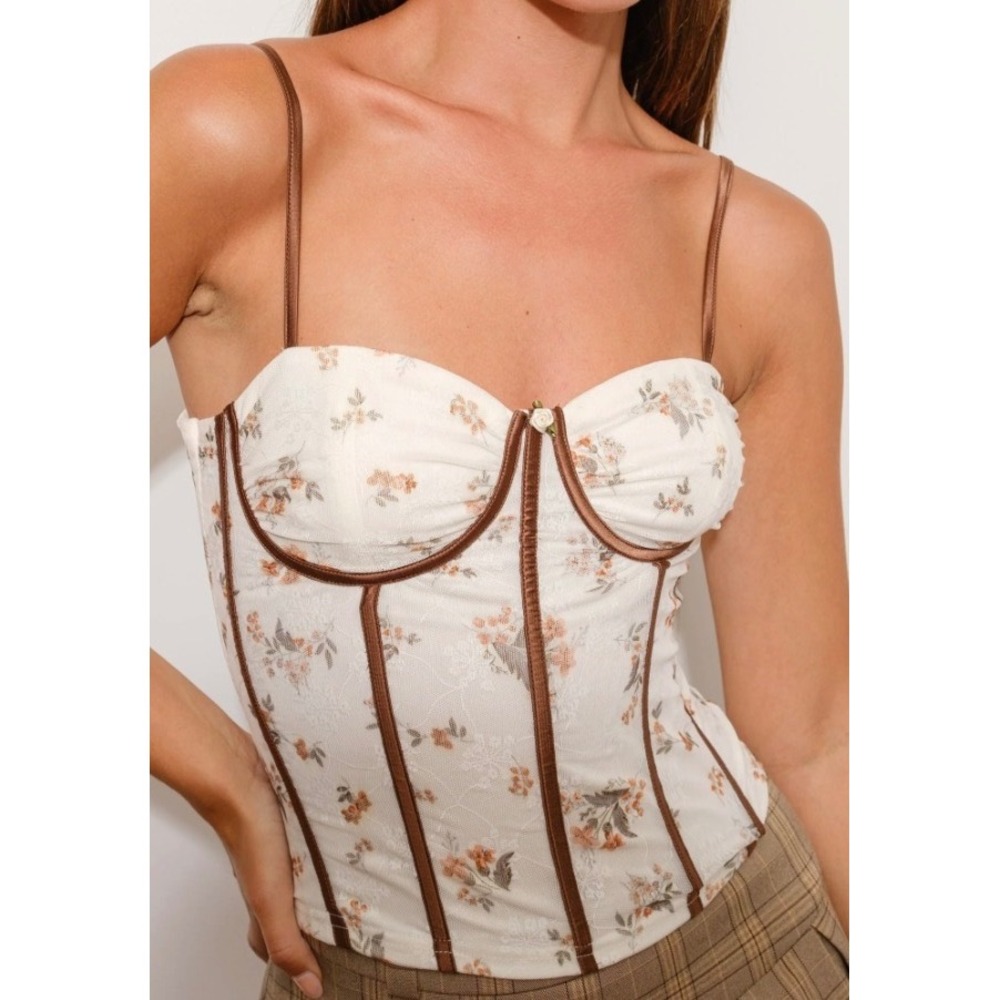 Pretty Garbage Floral Lace Corset Top Brown Cream Bustier Size L
